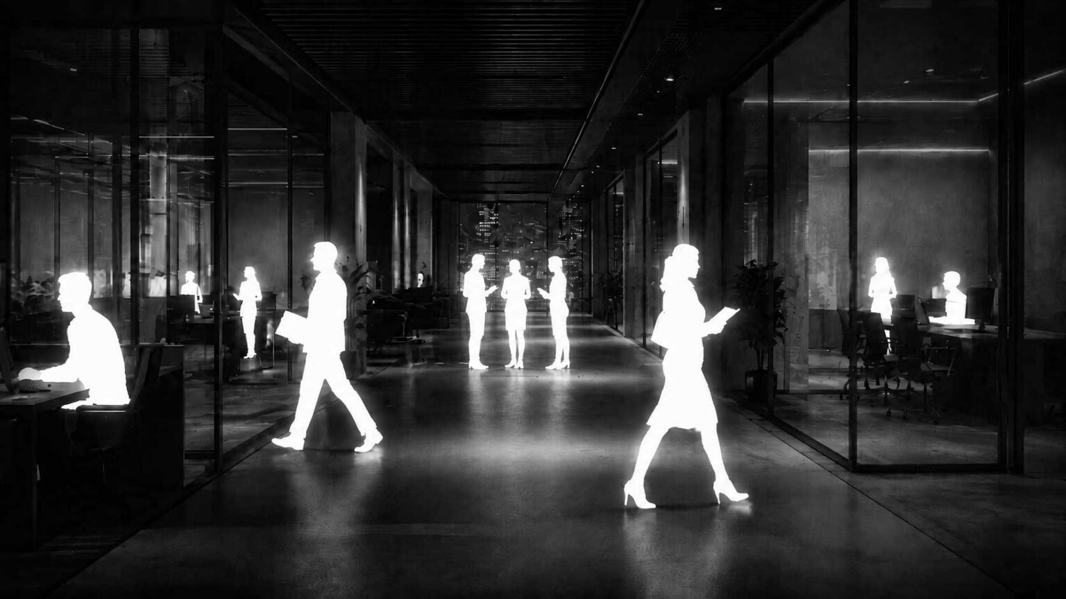 Monochrome-Office-Corridor-Silhouettes